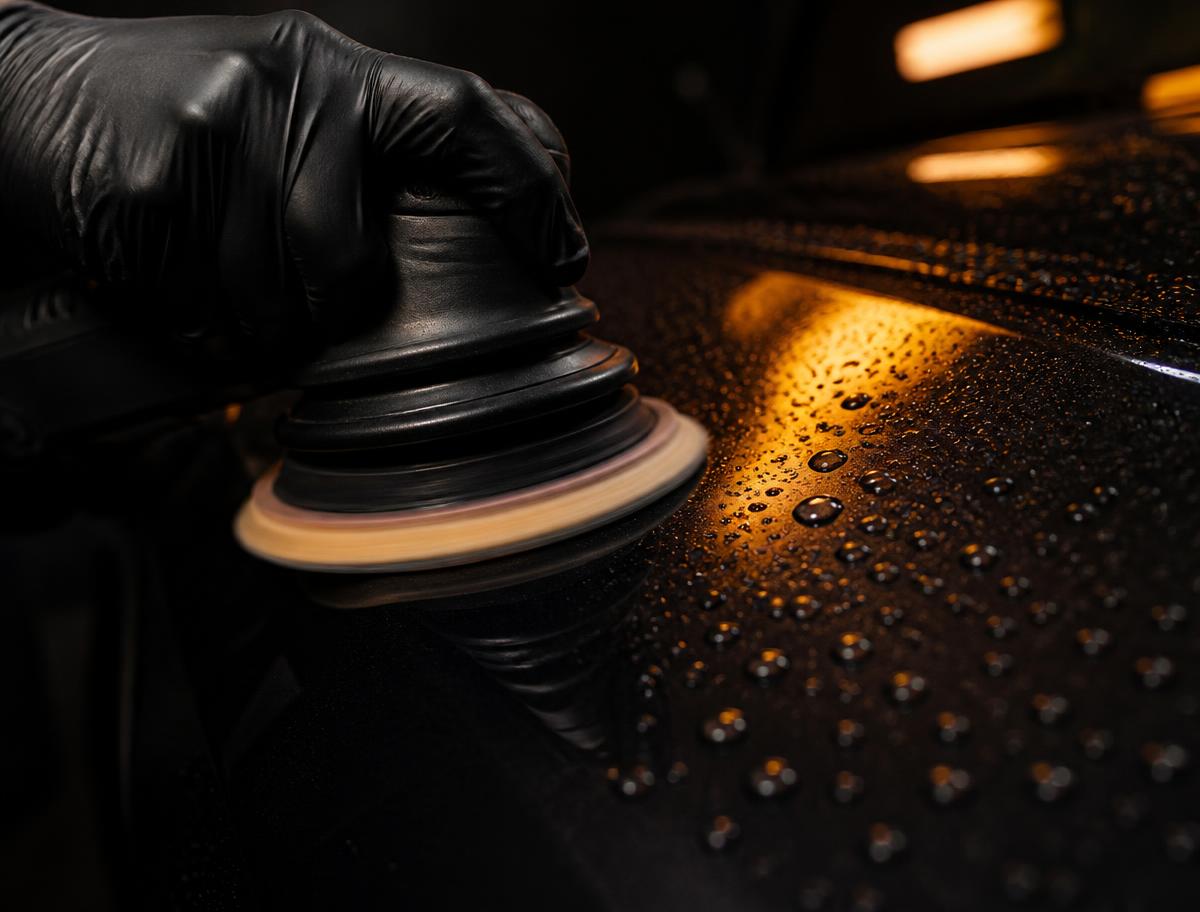 Machine polisher correcting dark paint with water beading on the panel