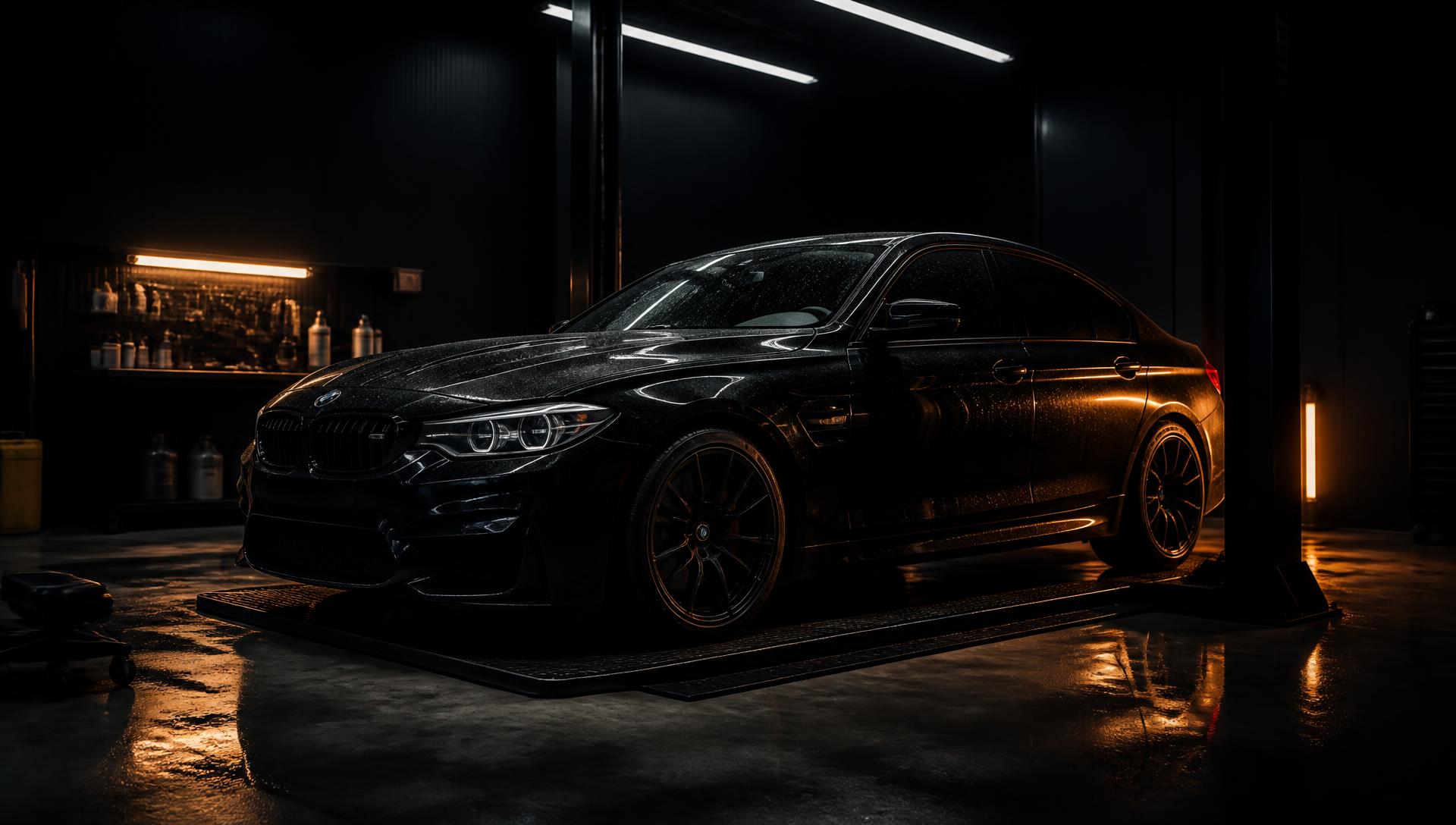 Black sedan on a lift inside the Haus AutoSpa detailing bay at night