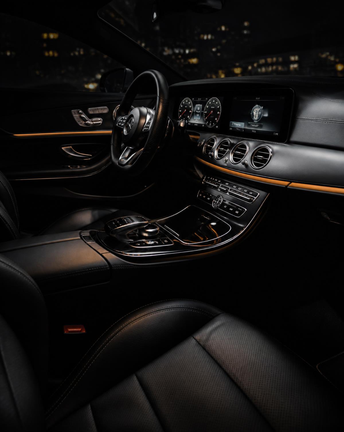 Cleaned black leather interior of a luxury sedan at night