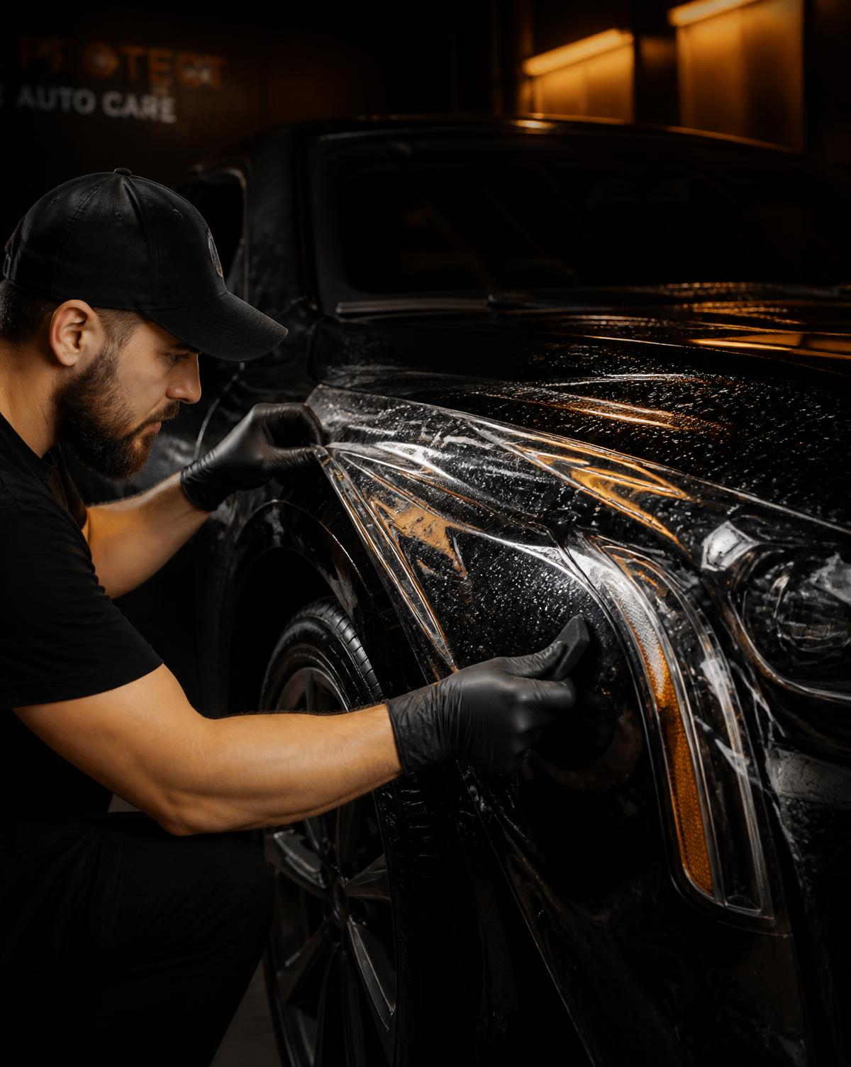 Detailer squeegeeing paint protection film onto a car fender