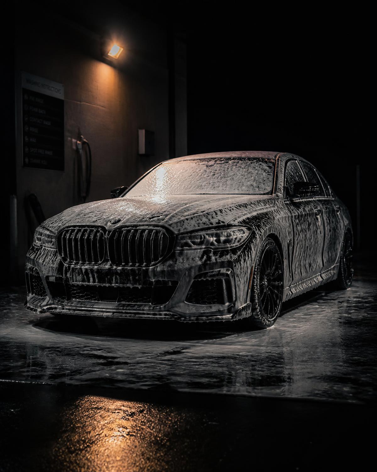 Dark sedan covered in wash foam inside a night wash bay